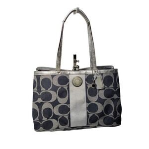 Coach Signature C Denim Tote Womens Large Blue Silver Excellent F19701 Kisslock